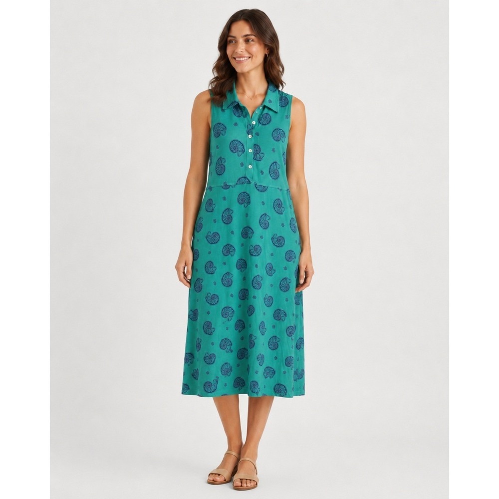 Vintage‎ Zip Code Maxi Dress Womens Large Green Cotton Seashell Print Collared